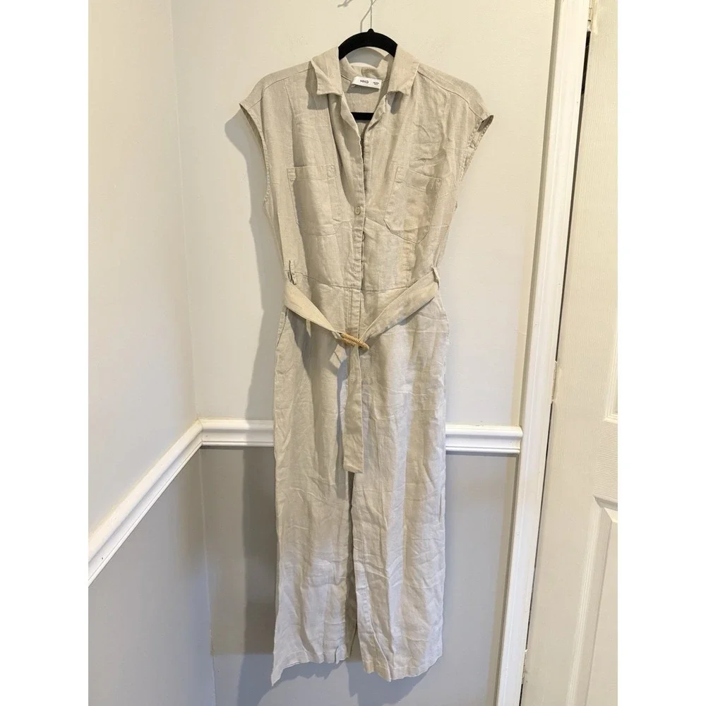 MANGO Womens Linen Belted Jumpsuit Beige Khaki Utility Cap Sleeve Wide Leg Med